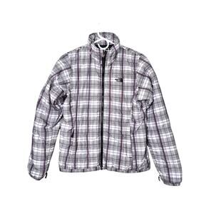 North Face Womens Short Jacket Thin Puffer Plaid White Black Purple Logo Winter